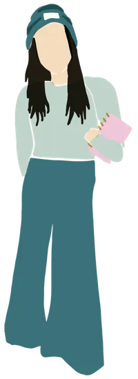 Illustrated portrait of Ellie in teal and sage tones, holding a notebook